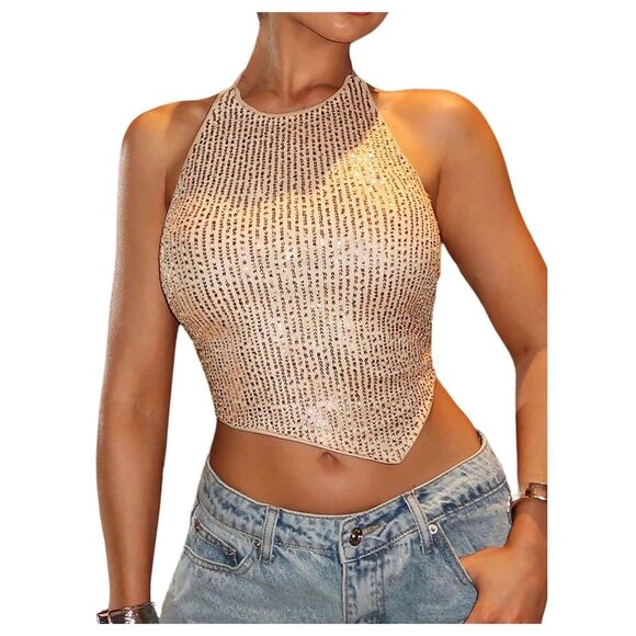 Roseseek Tops - Sparkly Sequin Asymmetrical Halter Top, XXS Petite, 7E-154T016